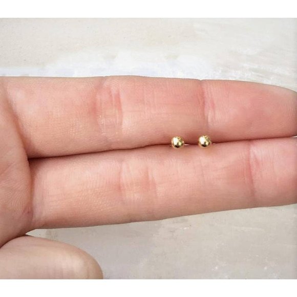 10K Real Solid Gold Ball Stud Earrings, Minimalist Hypo Allergenic Tiny Studs - Picture 6 of 7